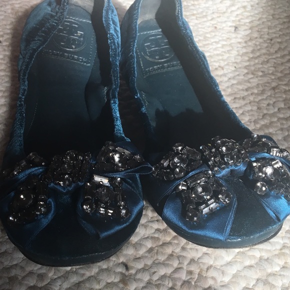 Tory Burch Teal Velvet Jeweled Bow Azalea Flat EUC - Picture 2 of 8